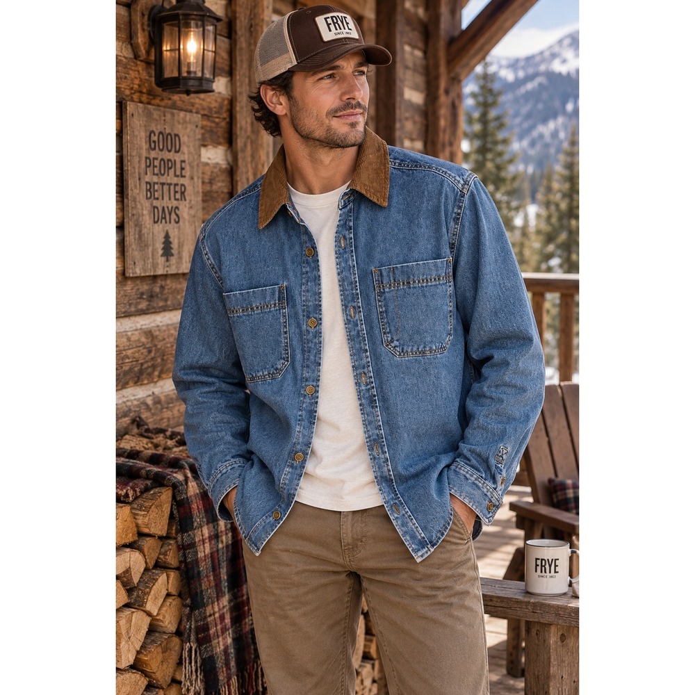 Mens Frye Denim Shirt Jacket Blue Corduroy Collar Workwear NWT Medium 110043392